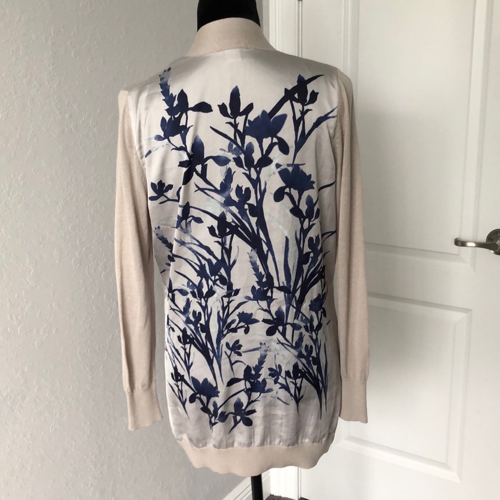 H&M tan lightweight cardigan w/silk print on back